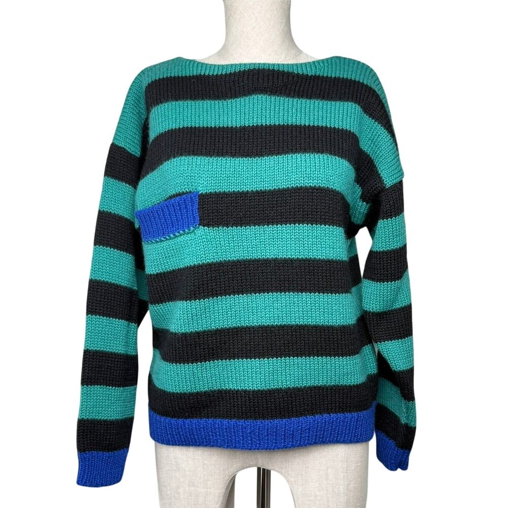 Geoffrey Beene Wool Striped Sweater Made in England Teal Blue Black M Vintage